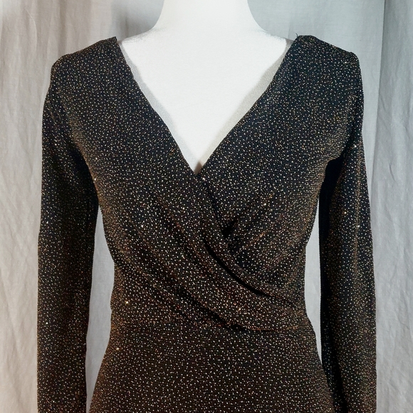 H&M black w/ gold sparkles long-sleeved surplice bodycon mini dress, S, EUC - Picture 2 of 6
